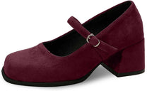 Soft Suede Block Heel Pumps With Adjustable Buckle