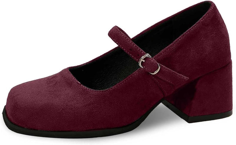 Soft Suede Block Heel Pumps With Adjustable Buckle