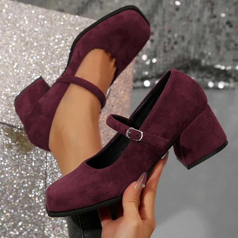 Soft Suede Block Heel Pumps With Adjustable Buckle