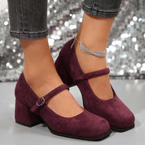 Soft Suede Block Heel Pumps With Adjustable Buckle
