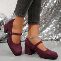 Soft Suede Block Heel Pumps With Adjustable Buckle