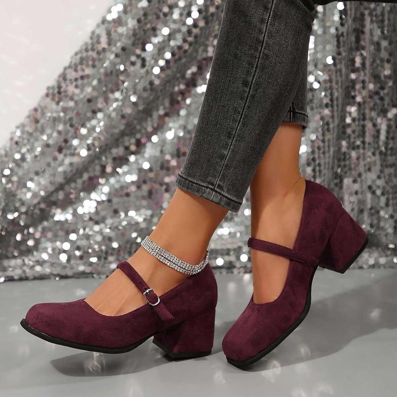Soft Suede Block Heel Pumps With Adjustable Buckle