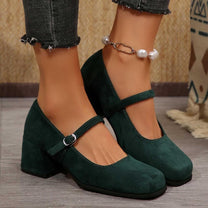 Soft Suede Block Heel Pumps With Adjustable Buckle
