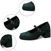 Soft Suede Block Heel Pumps With Adjustable Buckle