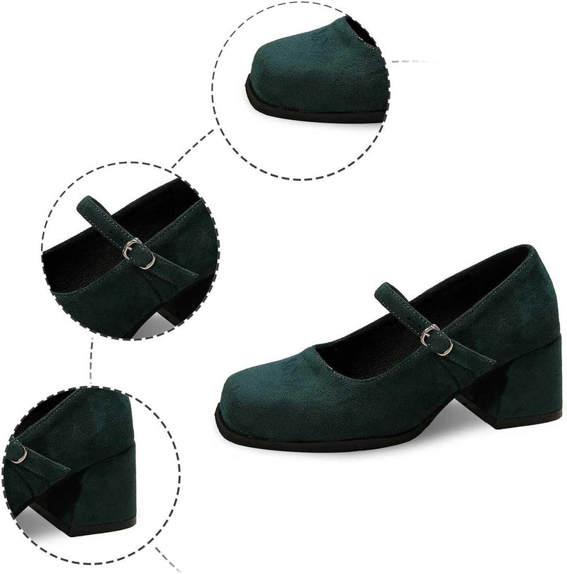 Soft Suede Block Heel Pumps With Adjustable Buckle