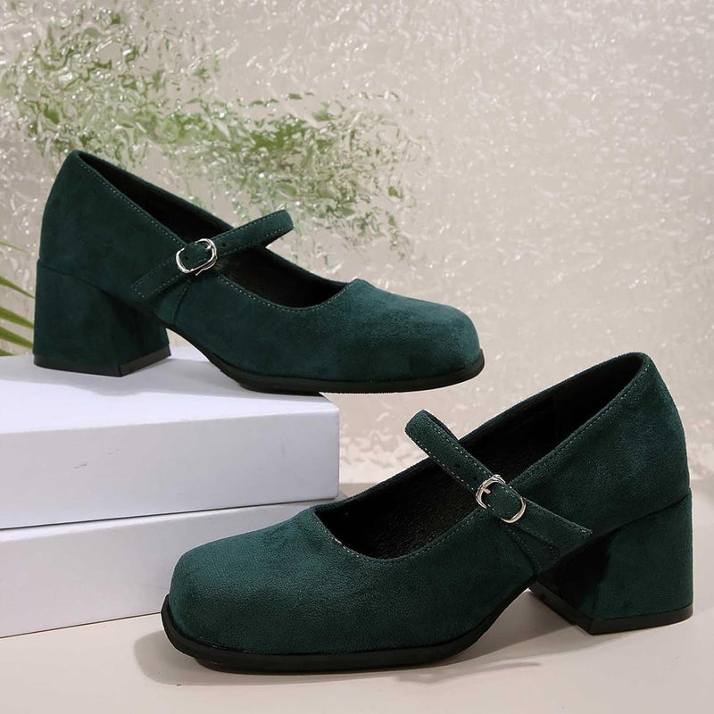 Soft Suede Block Heel Pumps With Adjustable Buckle