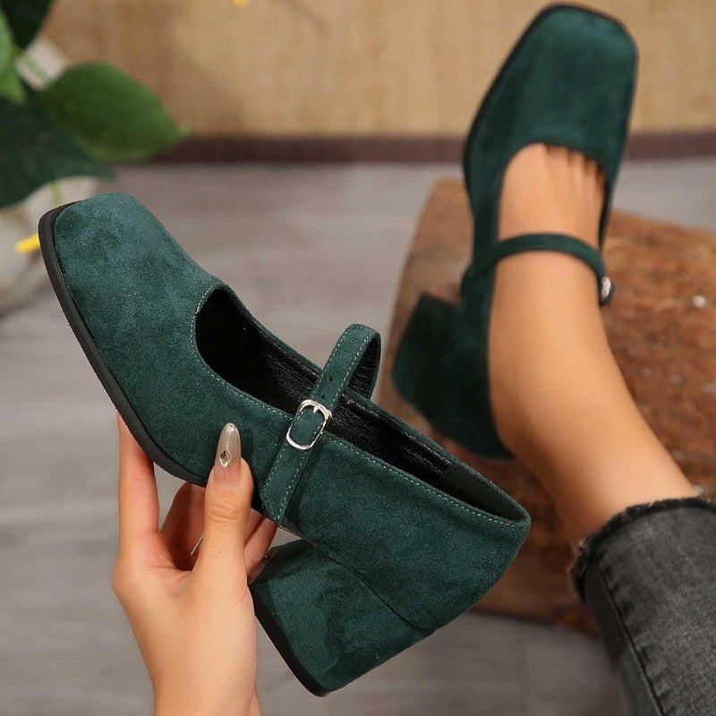 Soft Suede Block Heel Pumps With Adjustable Buckle