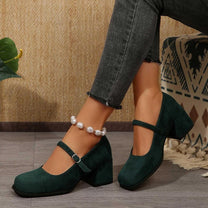 Soft Suede Block Heel Pumps With Adjustable Buckle