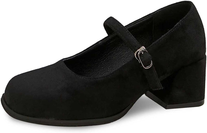 Soft Suede Block Heel Pumps With Adjustable Buckle