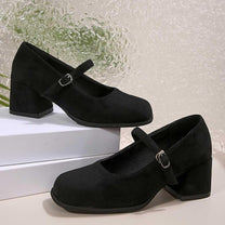 Soft Suede Block Heel Pumps With Adjustable Buckle