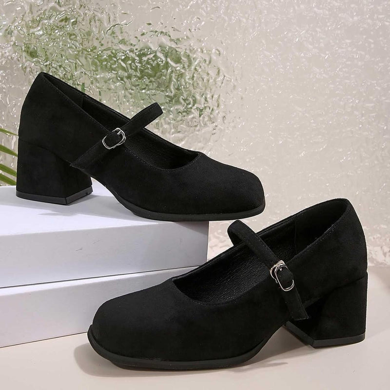 Soft Suede Block Heel Pumps With Adjustable Buckle