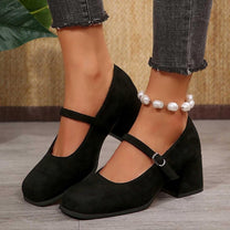 Soft Suede Block Heel Pumps With Adjustable Buckle
