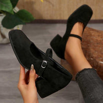 Soft Suede Block Heel Pumps With Adjustable Buckle