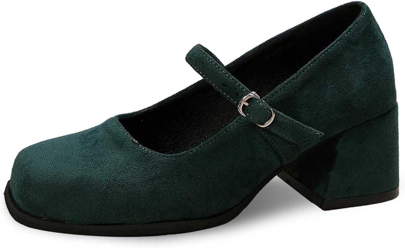 Soft Suede Block Heel Pumps With Adjustable Buckle