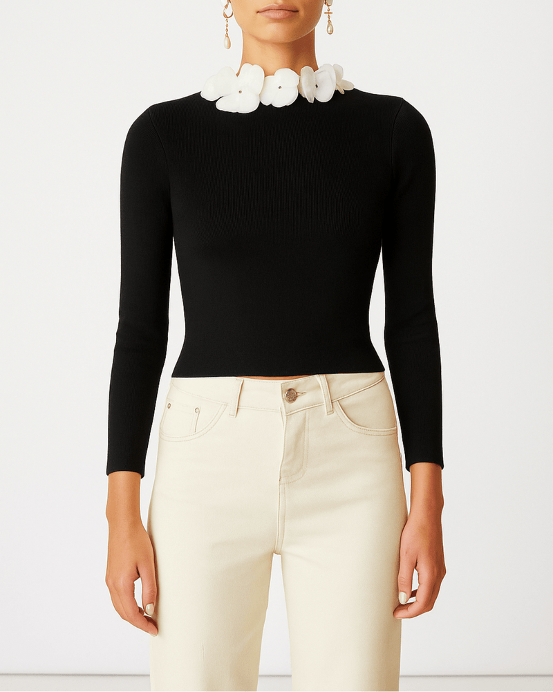 Solid Long Sleeve Floral Knit Top
