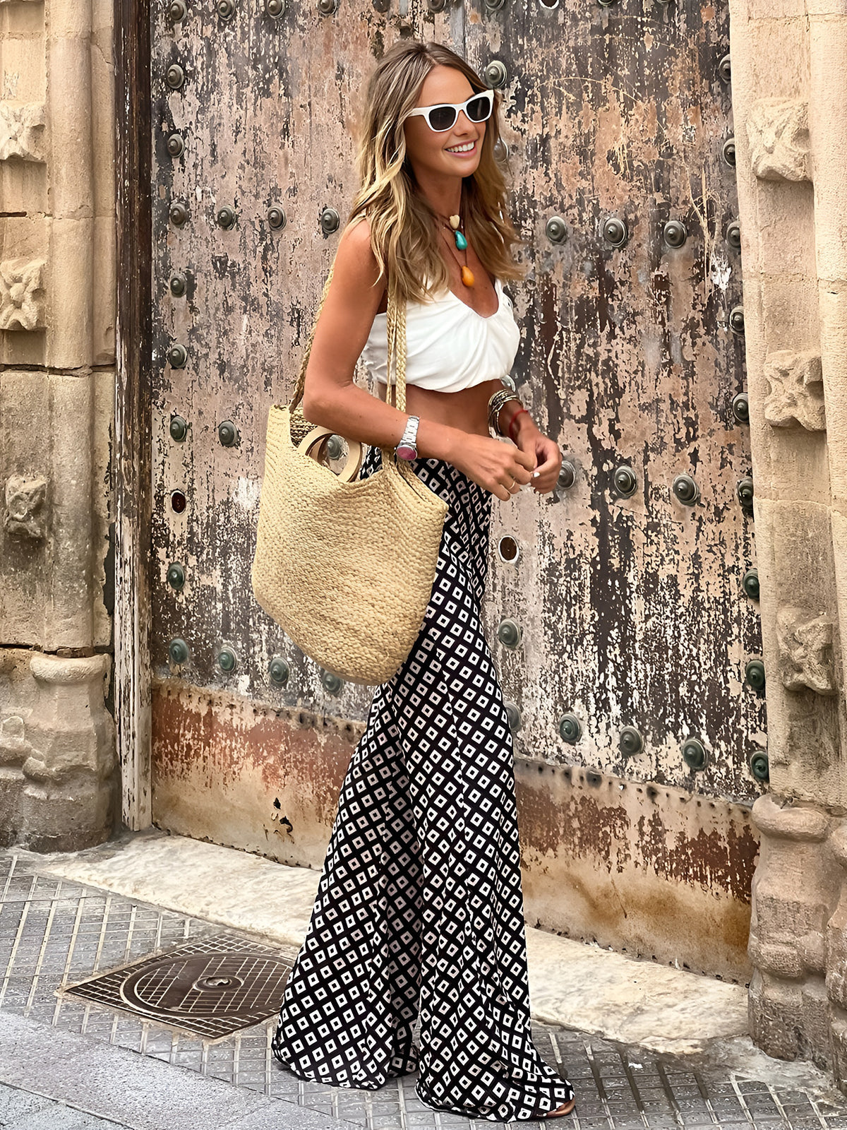 Square Pattern Flare Pants