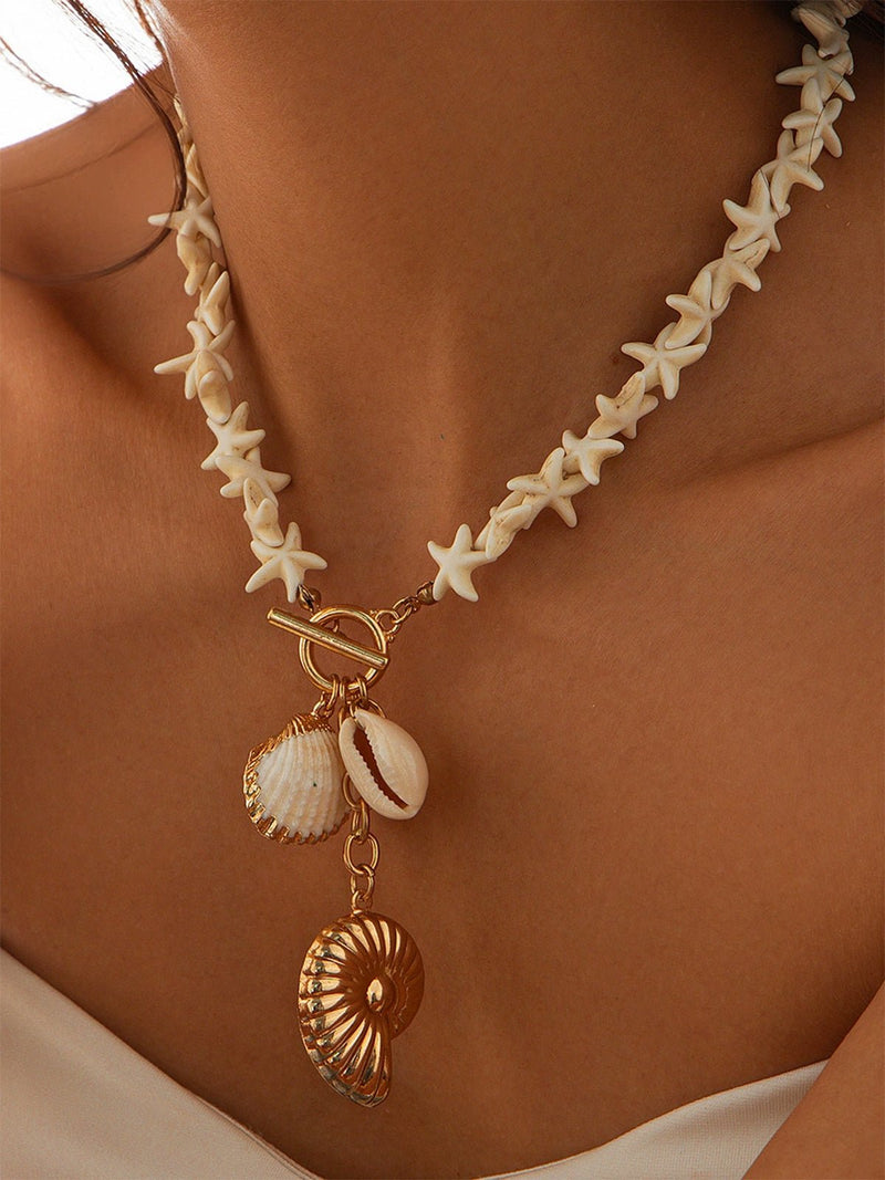 Starfish &amp; Shell Pendant Beaded Necklace