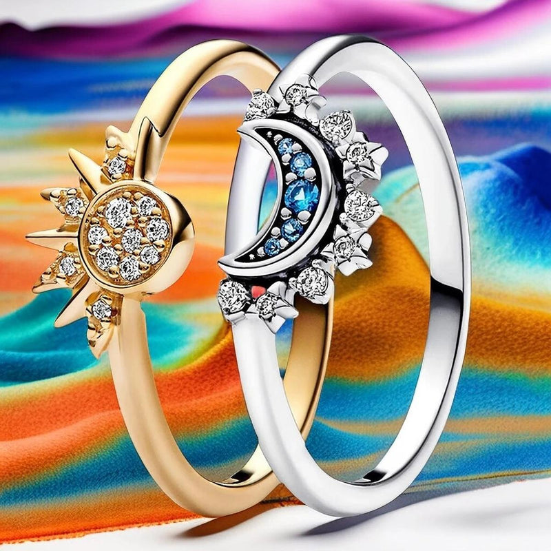 Sterling Silver Moon Sun Crystal Ring Set