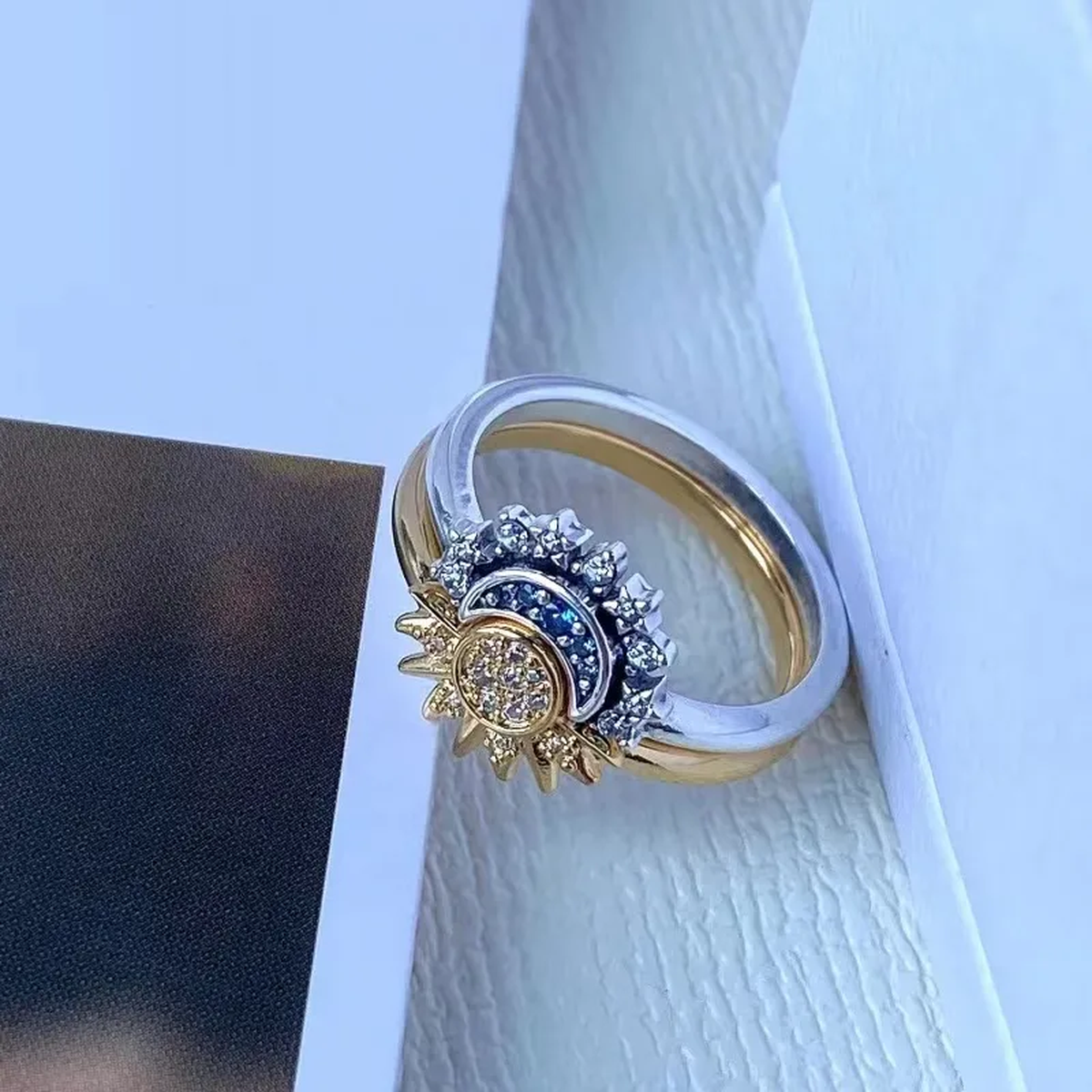 Sterling Silver Moon Sun Crystal Ring Set