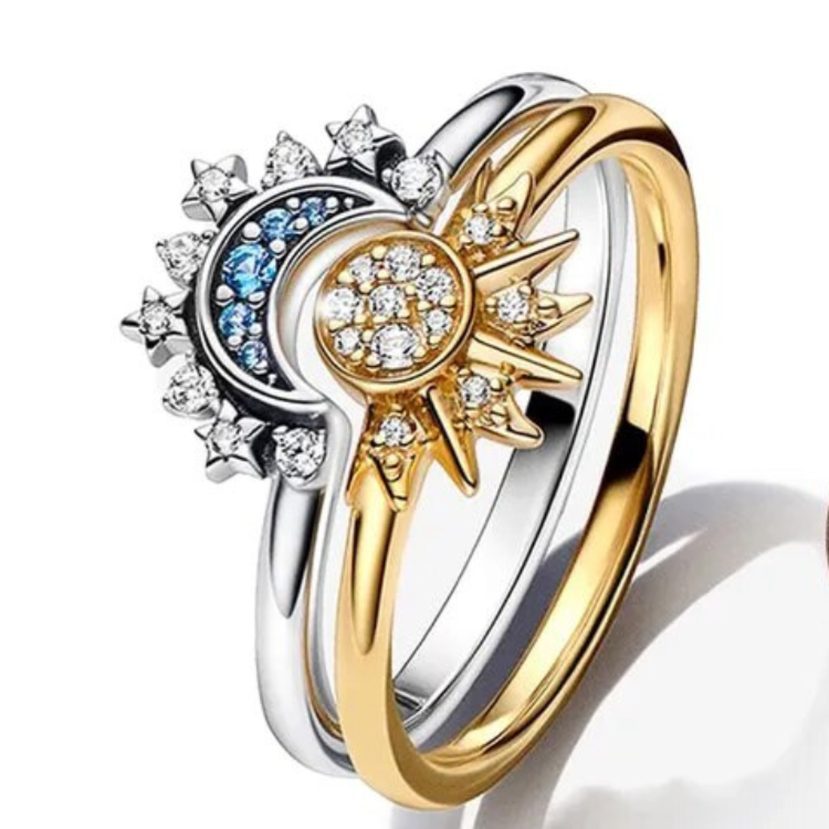 Sterling Silver Moon Sun Crystal Ring Set