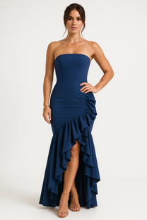 Strapless Ruffle Maxi Dress with High Slit