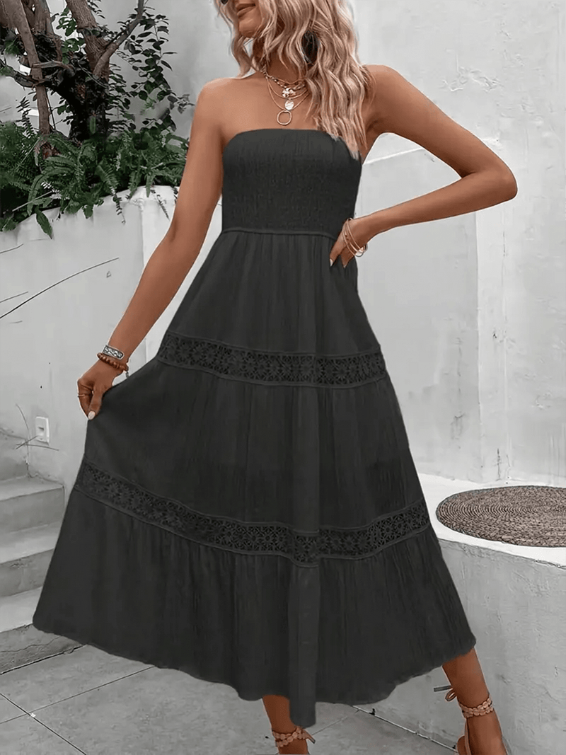 Strapless Shirred Midi Dress with Lace Accents