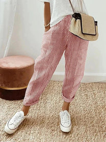 Striped Cotton High-Waist Women&#39;s Summer Pants