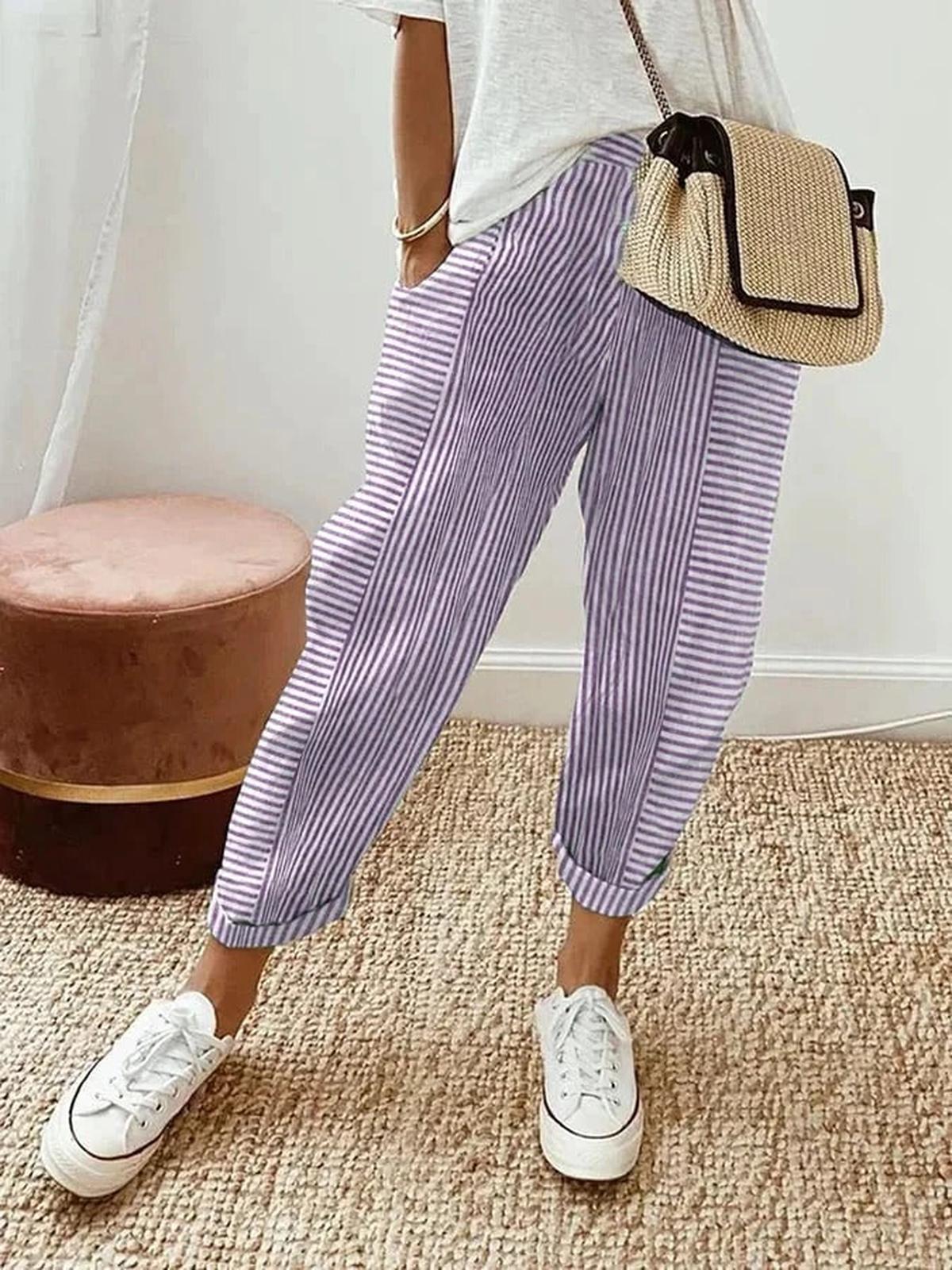 Striped Cotton High-Waist Women&#39;s Summer Pants