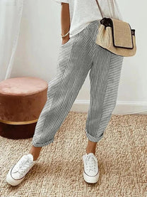 Striped Cotton High-Waist Women&#39;s Summer Pants