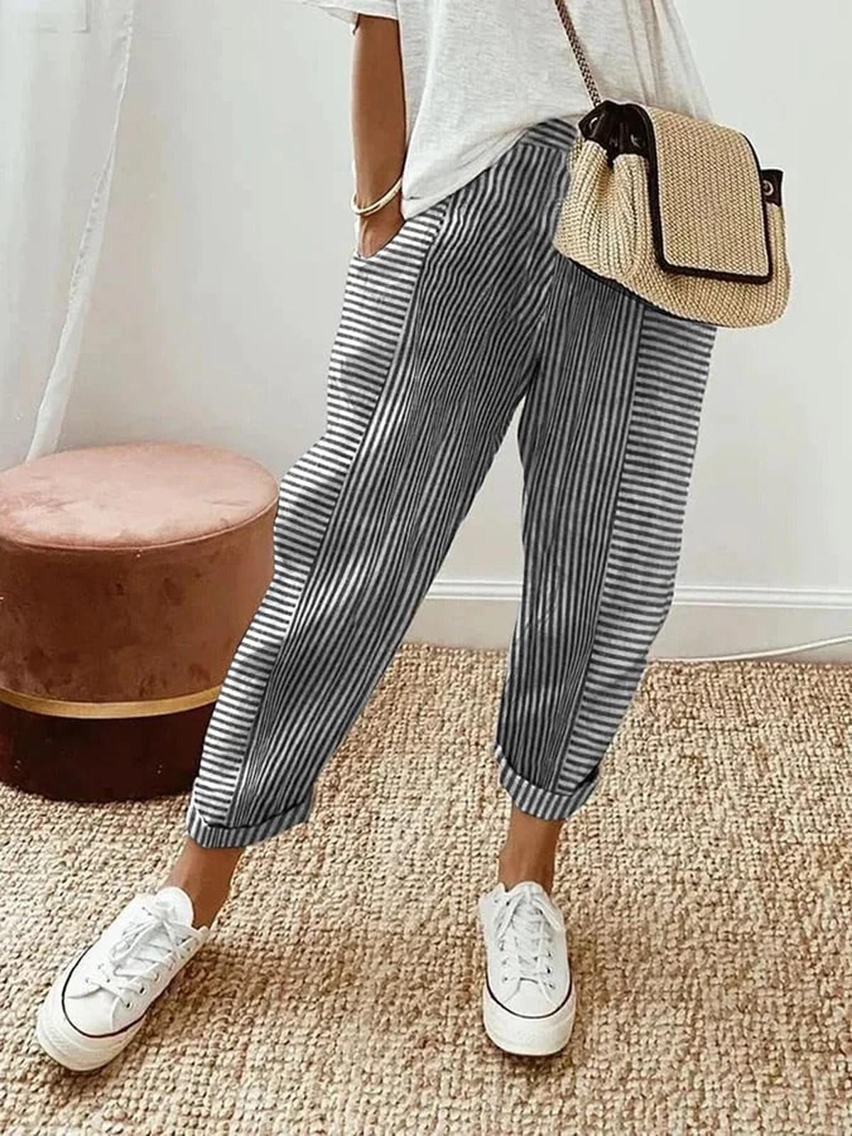 Striped Cotton High-Waist Women&#39;s Summer Pants