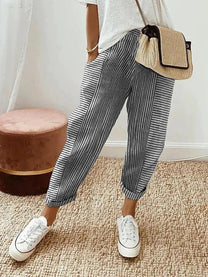Striped Cotton High-Waist Women&#39;s Summer Pants