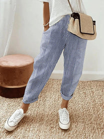 Striped Cotton High-Waist Women&#39;s Summer Pants