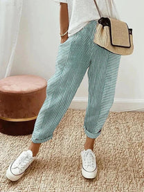 Striped Cotton High-Waist Women&#39;s Summer Pants