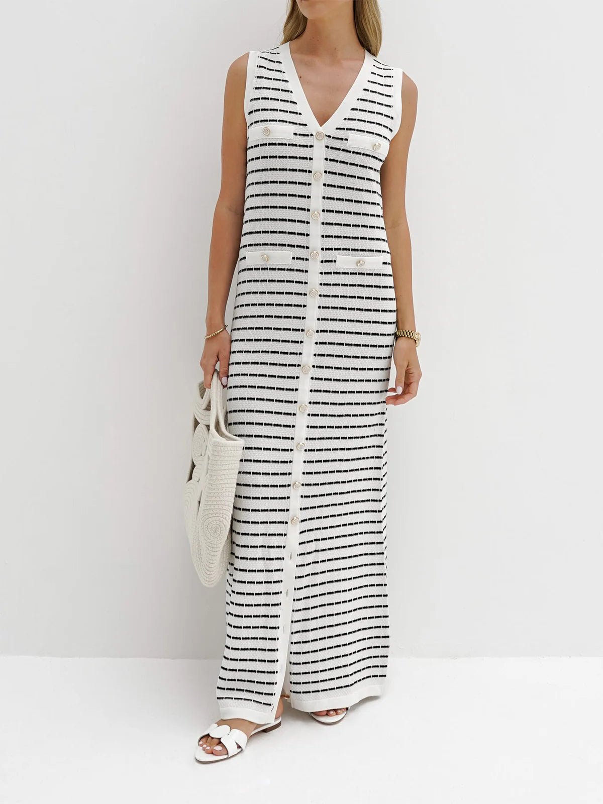 Striped Metal Button Long Knit Sweater Dress