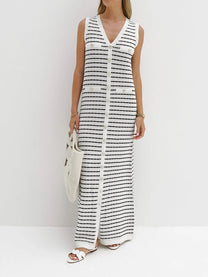 Striped Metal Button Long Knit Sweater Dress