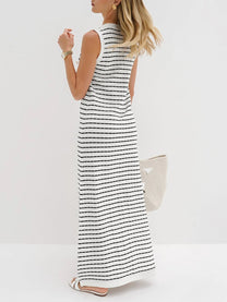 Striped Metal Button Long Knit Sweater Dress