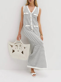 Striped Metal Button Long Knit Sweater Dress