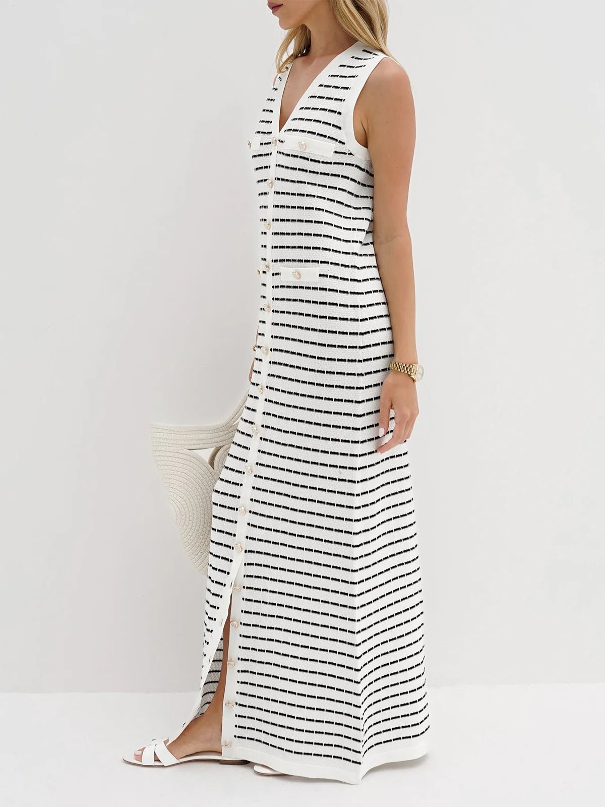 Striped Metal Button Long Knit Sweater Dress