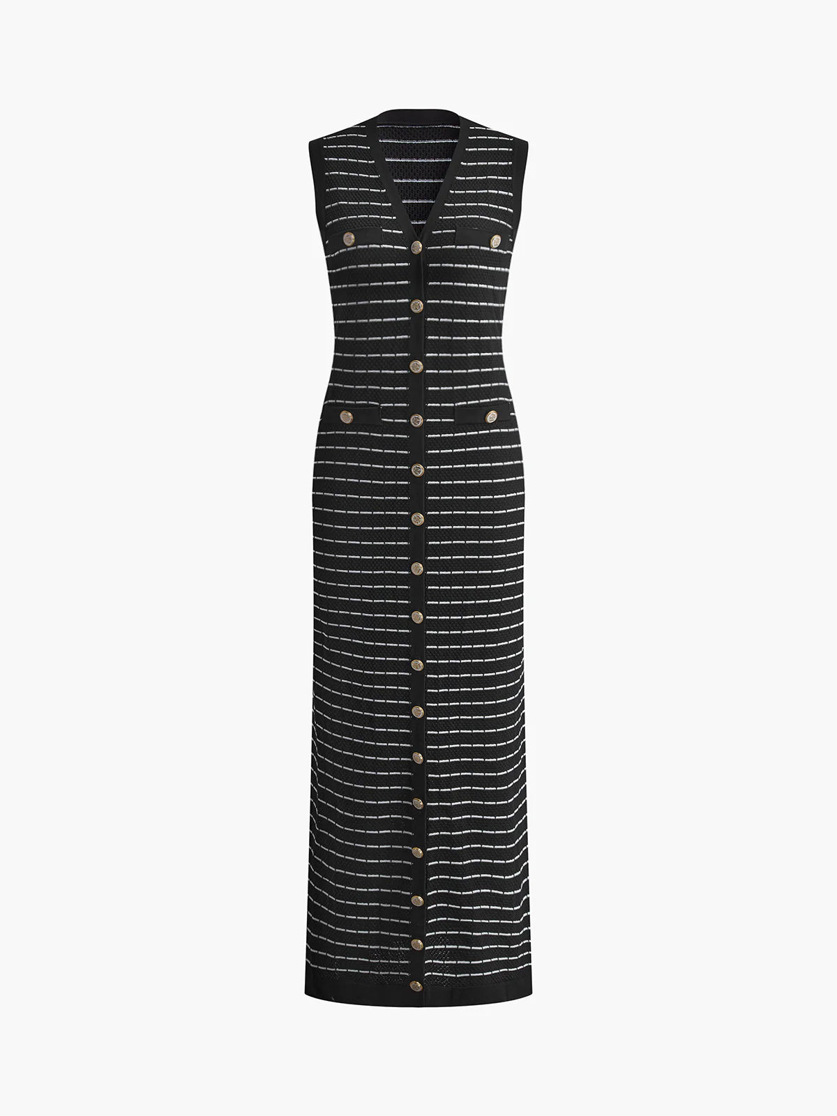 Striped Metal Button Long Knit Sweater Dress