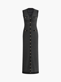 Striped Metal Button Long Knit Sweater Dress