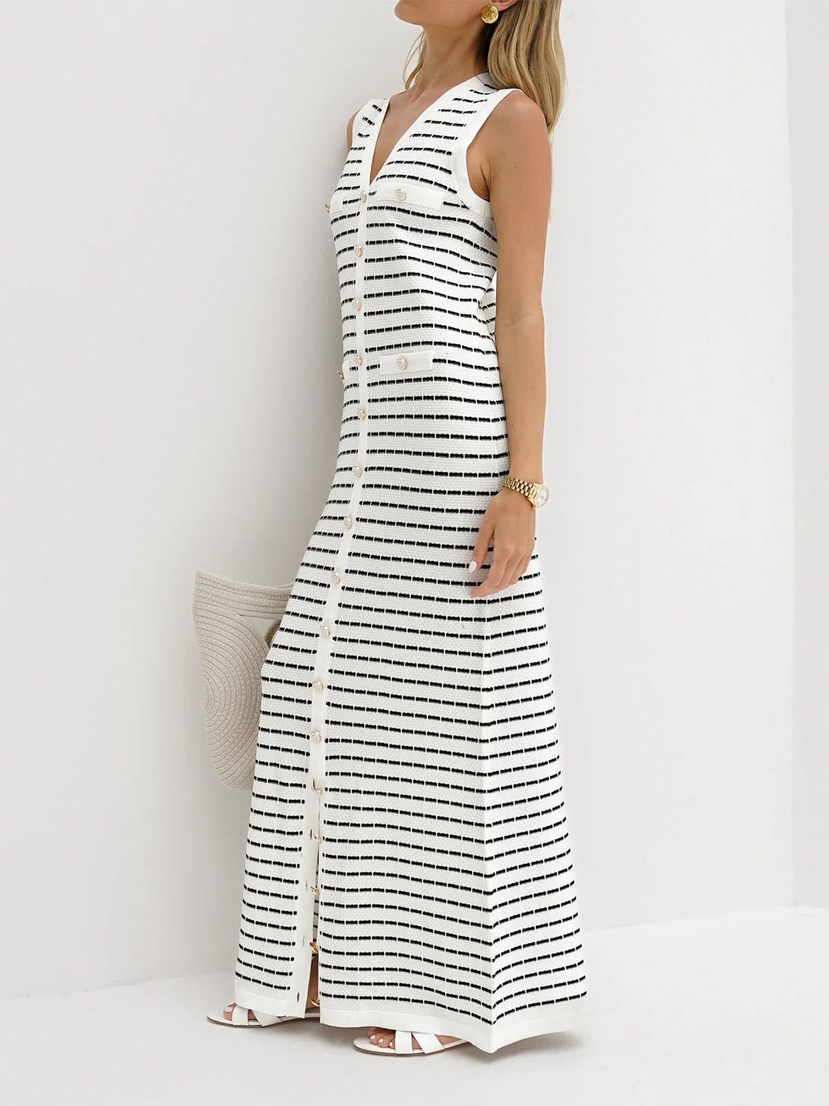 Striped Metal Button Long Knit Sweater Dress