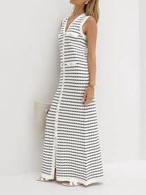 Striped Metal Button Long Knit Sweater Dress