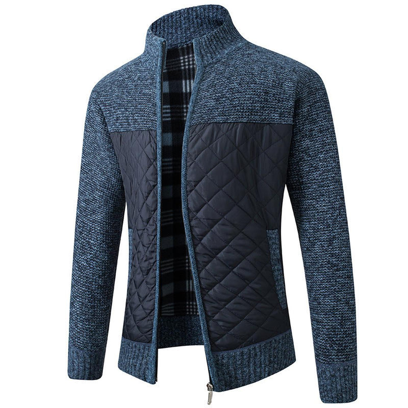 Striped Plaid Knitted Jacket With Stand Collar