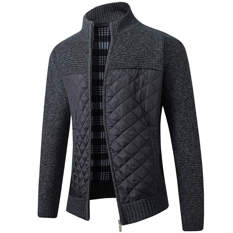 Striped Plaid Knitted Jacket With Stand Collar