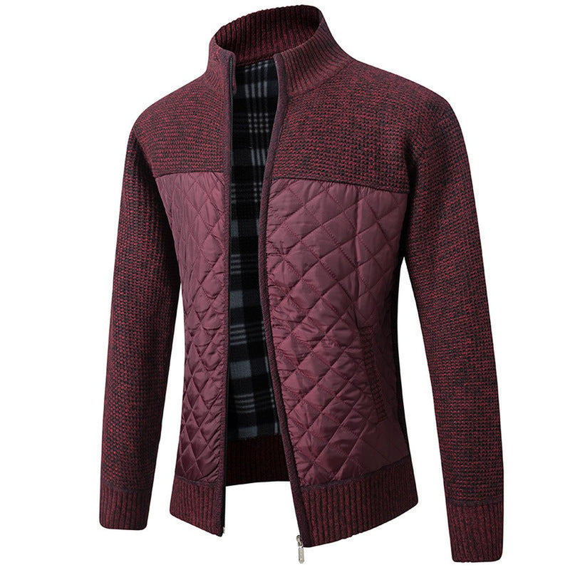 Striped Plaid Knitted Jacket With Stand Collar
