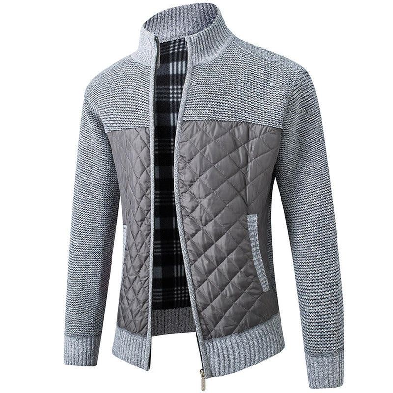 Striped Plaid Knitted Jacket With Stand Collar