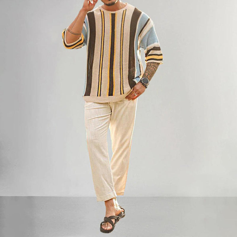Striped Short Sleeve Knitted Sweater for Men