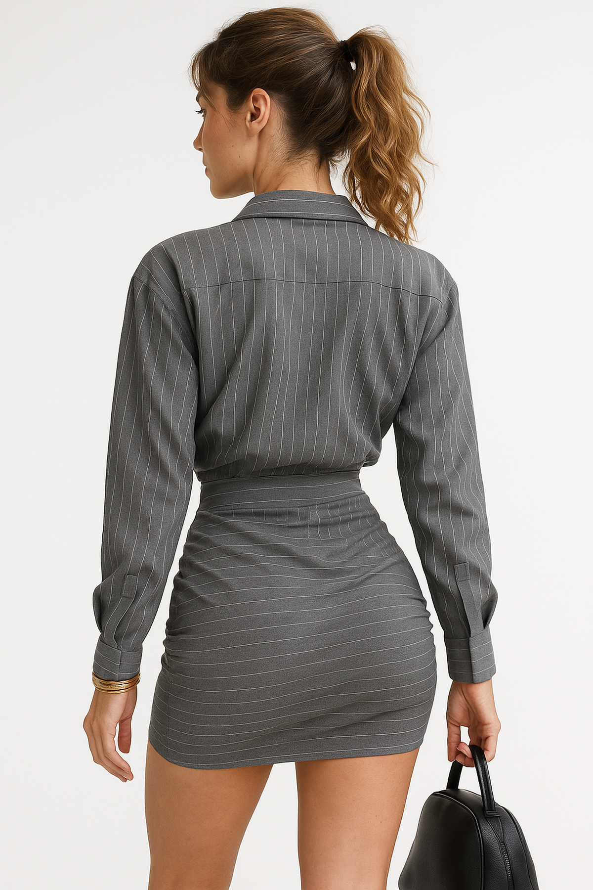 Striped Two‑Piece Set – Lapel Shirt &amp; Slim Mini Skirt