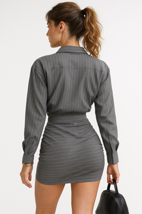 Striped Two‑Piece Set – Lapel Shirt &amp; Slim Mini Skirt