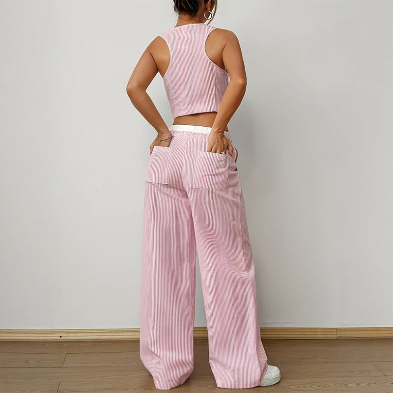 Striped V-neck Sleeveless Top &amp; Wide Leg Pants